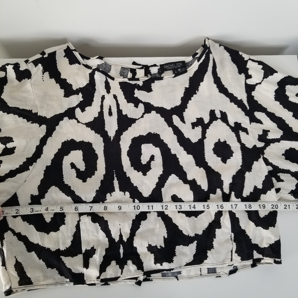 Rachel Zoe Black/Cream Geometric Long Balloon Sleeve Linen Blend Blouse Size L - Picture 4 of 11
